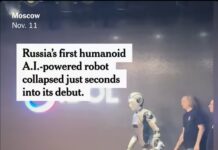 Russian Humanoid Robot Falls on Its Face in Hyped Debut. A humanoid robot powered by artificial intelligence, believed to be one of the first in Russia, face-planted during its highly anticipated debut in Moscow on Tuesday after briefly staggering onstage